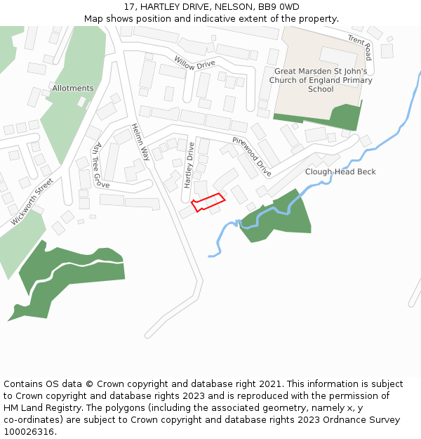 17, HARTLEY DRIVE, NELSON, BB9 0WD: Location map and indicative extent of plot