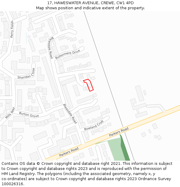 17, HAWESWATER AVENUE, CREWE, CW1 4PD: Location map and indicative extent of plot