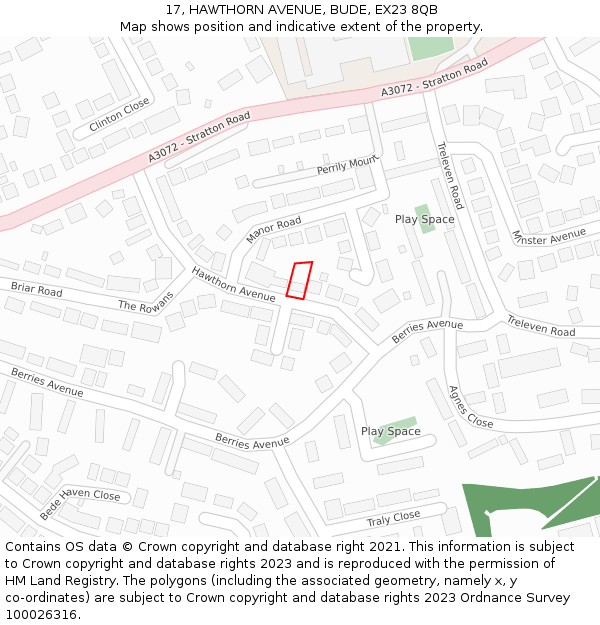 17, HAWTHORN AVENUE, BUDE, EX23 8QB: Location map and indicative extent of plot