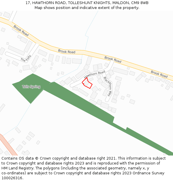 17, HAWTHORN ROAD, TOLLESHUNT KNIGHTS, MALDON, CM9 8WB: Location map and indicative extent of plot