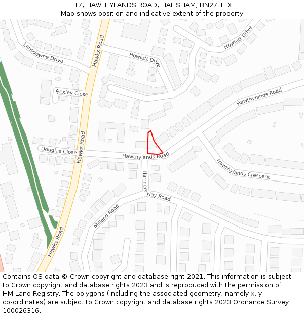 17, HAWTHYLANDS ROAD, HAILSHAM, BN27 1EX: Location map and indicative extent of plot