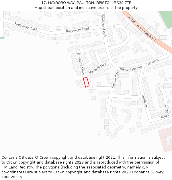 17, HAYBORO WAY, PAULTON, BRISTOL, BS39 7TB: Location map and indicative extent of plot