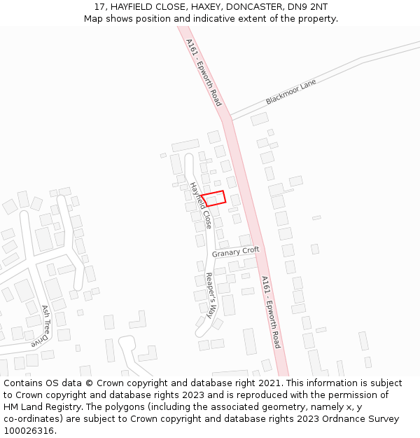 17, HAYFIELD CLOSE, HAXEY, DONCASTER, DN9 2NT: Location map and indicative extent of plot