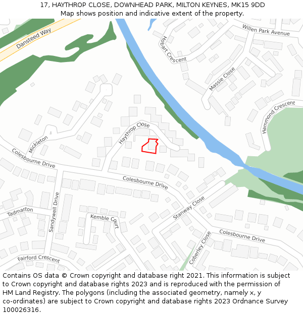 17, HAYTHROP CLOSE, DOWNHEAD PARK, MILTON KEYNES, MK15 9DD: Location map and indicative extent of plot