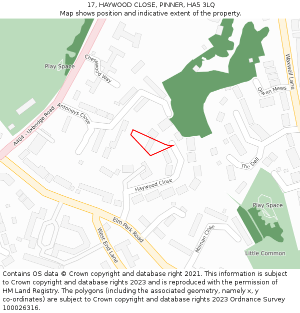 17, HAYWOOD CLOSE, PINNER, HA5 3LQ: Location map and indicative extent of plot