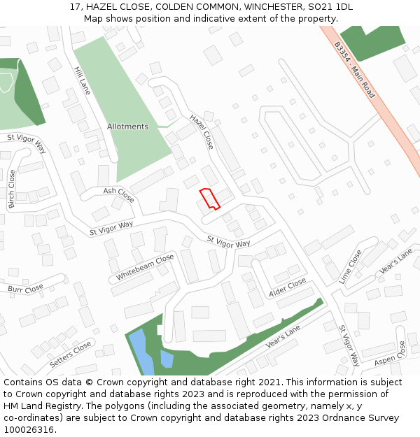 17, HAZEL CLOSE, COLDEN COMMON, WINCHESTER, SO21 1DL: Location map and indicative extent of plot