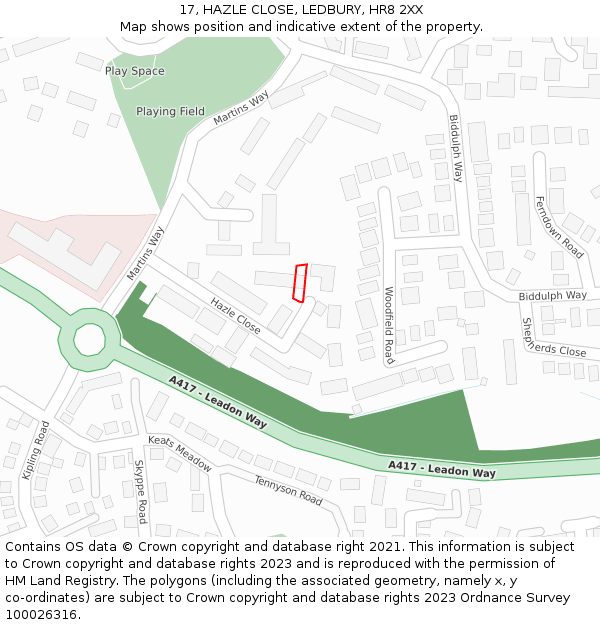 17, HAZLE CLOSE, LEDBURY, HR8 2XX: Location map and indicative extent of plot