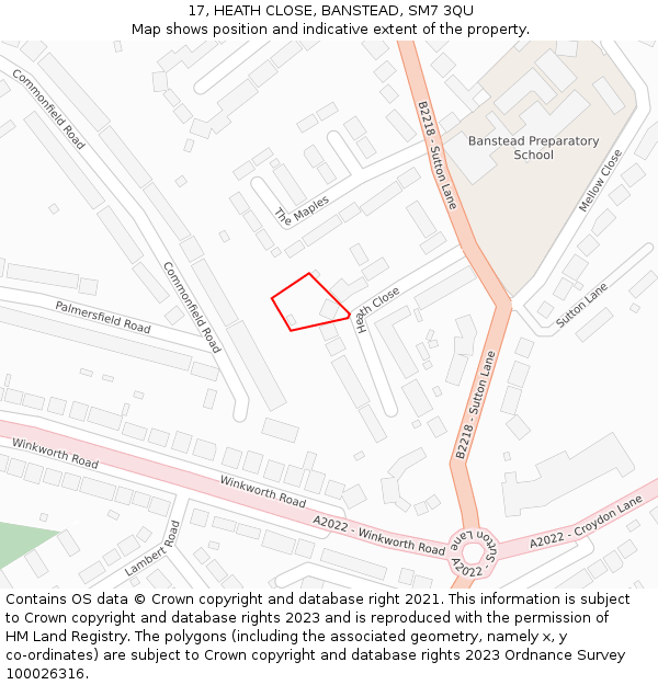 17, HEATH CLOSE, BANSTEAD, SM7 3QU: Location map and indicative extent of plot