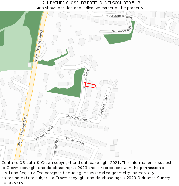 17, HEATHER CLOSE, BRIERFIELD, NELSON, BB9 5HB: Location map and indicative extent of plot