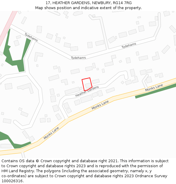 17, HEATHER GARDENS, NEWBURY, RG14 7RG: Location map and indicative extent of plot