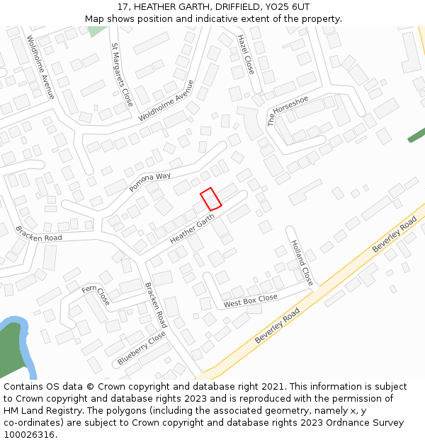 17, HEATHER GARTH, DRIFFIELD, YO25 6UT: Location map and indicative extent of plot