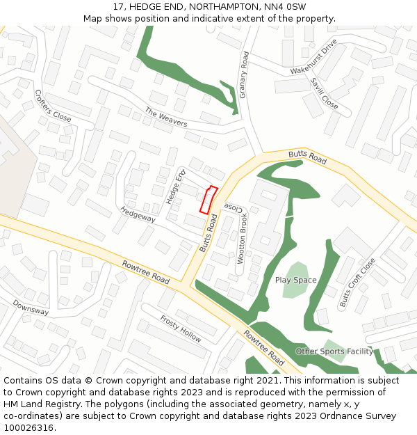 17, HEDGE END, NORTHAMPTON, NN4 0SW: Location map and indicative extent of plot