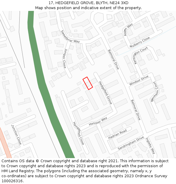 17, HEDGEFIELD GROVE, BLYTH, NE24 3XD: Location map and indicative extent of plot