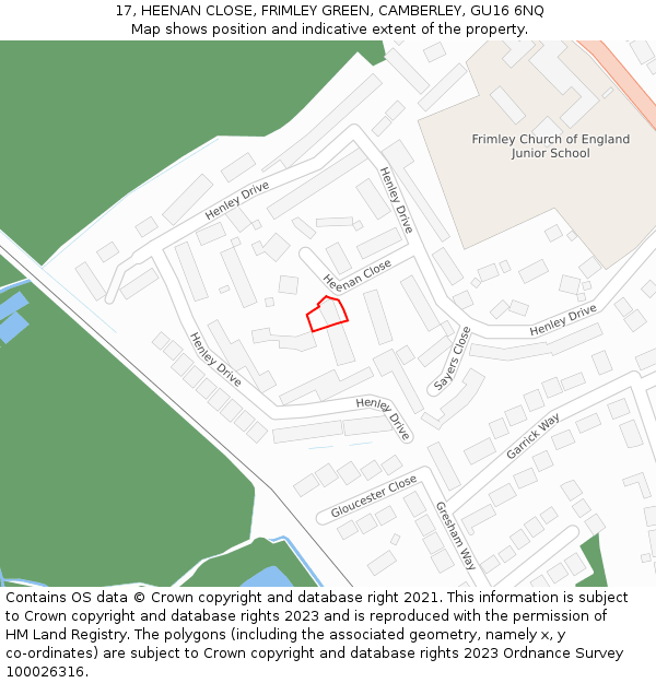 17, HEENAN CLOSE, FRIMLEY GREEN, CAMBERLEY, GU16 6NQ: Location map and indicative extent of plot