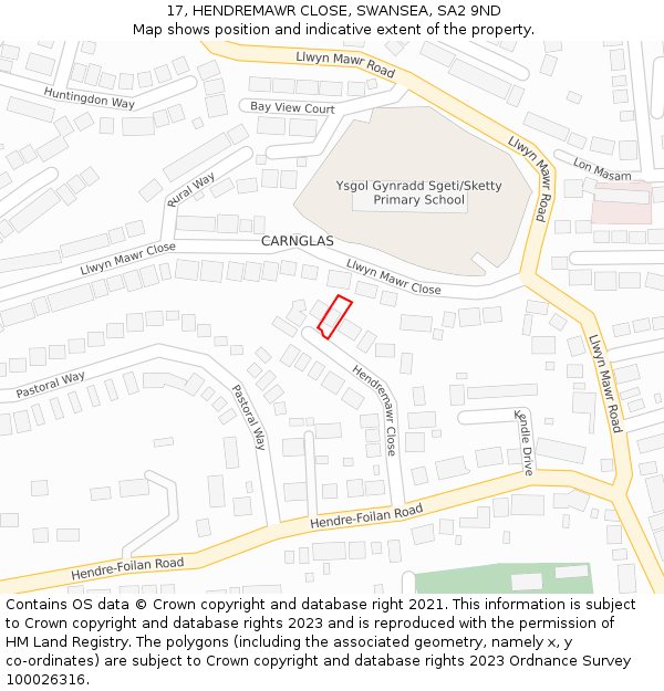 17, HENDREMAWR CLOSE, SWANSEA, SA2 9ND: Location map and indicative extent of plot