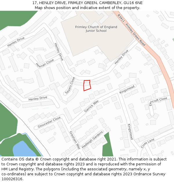 17, HENLEY DRIVE, FRIMLEY GREEN, CAMBERLEY, GU16 6NE: Location map and indicative extent of plot