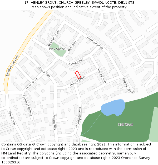 17, HENLEY GROVE, CHURCH GRESLEY, SWADLINCOTE, DE11 9TS: Location map and indicative extent of plot