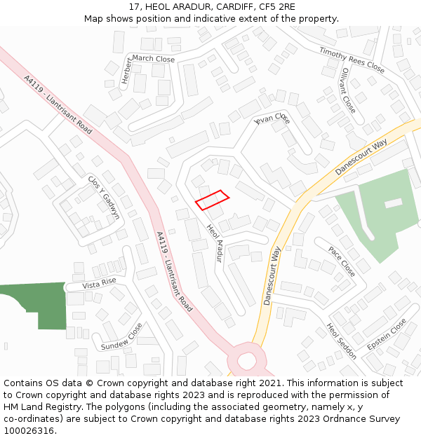 17, HEOL ARADUR, CARDIFF, CF5 2RE: Location map and indicative extent of plot