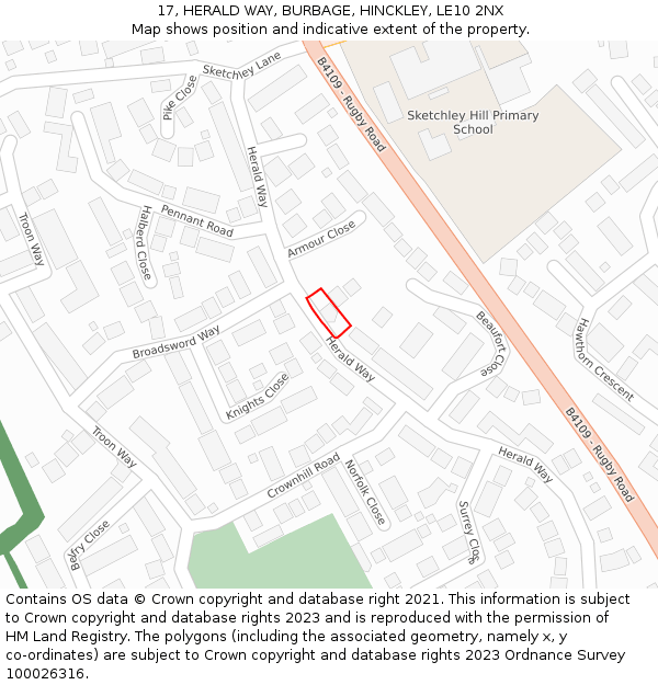 17, HERALD WAY, BURBAGE, HINCKLEY, LE10 2NX: Location map and indicative extent of plot