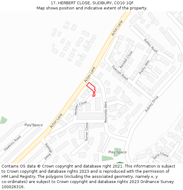 17, HERBERT CLOSE, SUDBURY, CO10 1QF: Location map and indicative extent of plot