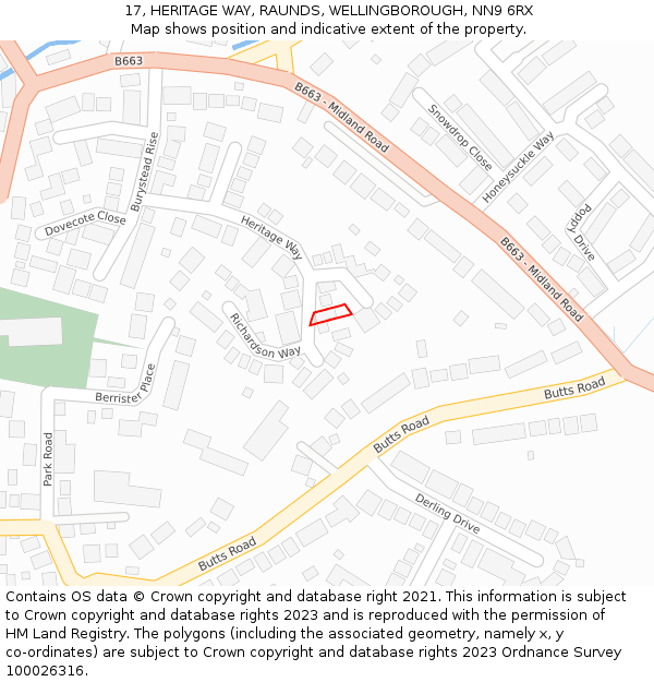 17, HERITAGE WAY, RAUNDS, WELLINGBOROUGH, NN9 6RX: Location map and indicative extent of plot