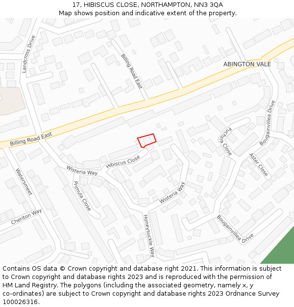 17, HIBISCUS CLOSE, NORTHAMPTON, NN3 3QA: Location map and indicative extent of plot