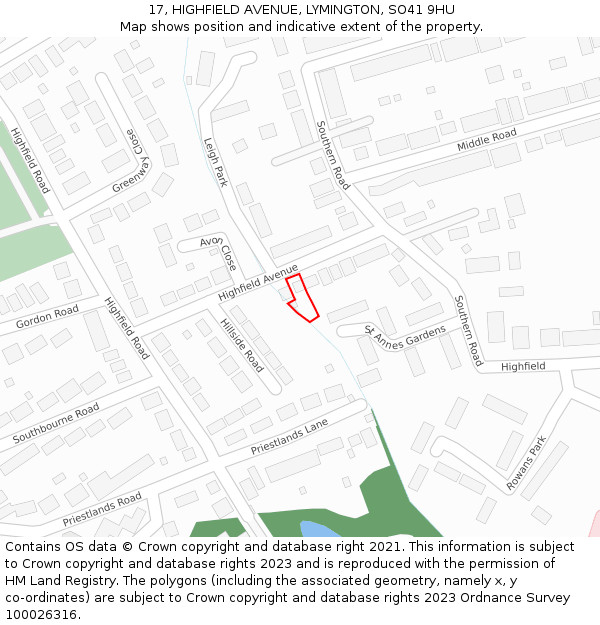 17, HIGHFIELD AVENUE, LYMINGTON, SO41 9HU: Location map and indicative extent of plot