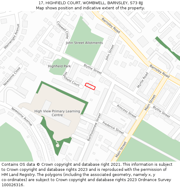 17, HIGHFIELD COURT, WOMBWELL, BARNSLEY, S73 8JJ: Location map and indicative extent of plot