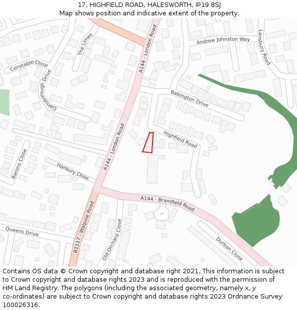 17, HIGHFIELD ROAD, HALESWORTH, IP19 8SJ: Location map and indicative extent of plot