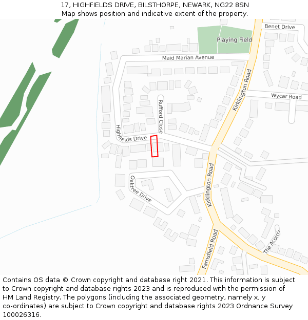 17, HIGHFIELDS DRIVE, BILSTHORPE, NEWARK, NG22 8SN: Location map and indicative extent of plot