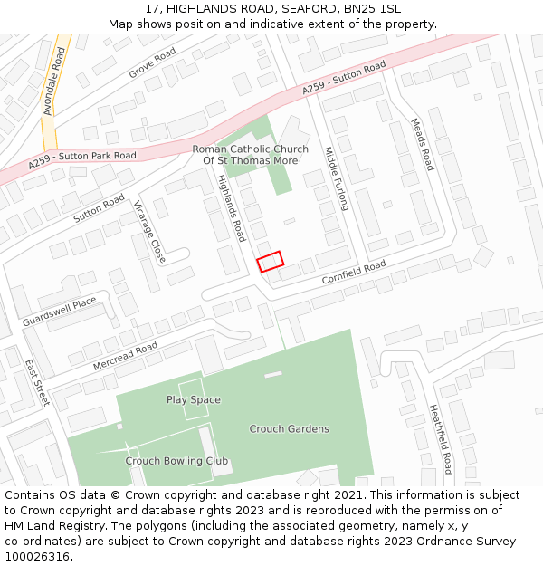 17, HIGHLANDS ROAD, SEAFORD, BN25 1SL: Location map and indicative extent of plot