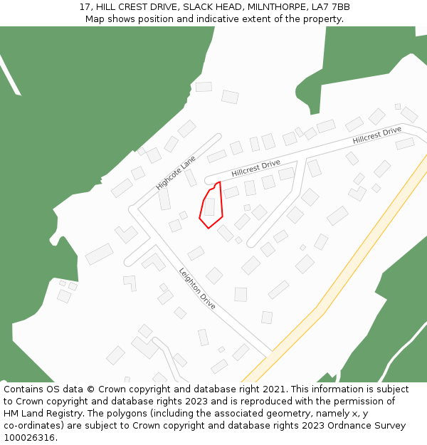 17, HILL CREST DRIVE, SLACK HEAD, MILNTHORPE, LA7 7BB: Location map and indicative extent of plot