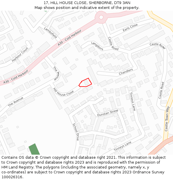 17, HILL HOUSE CLOSE, SHERBORNE, DT9 3AN: Location map and indicative extent of plot