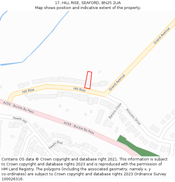 17, HILL RISE, SEAFORD, BN25 2UA: Location map and indicative extent of plot