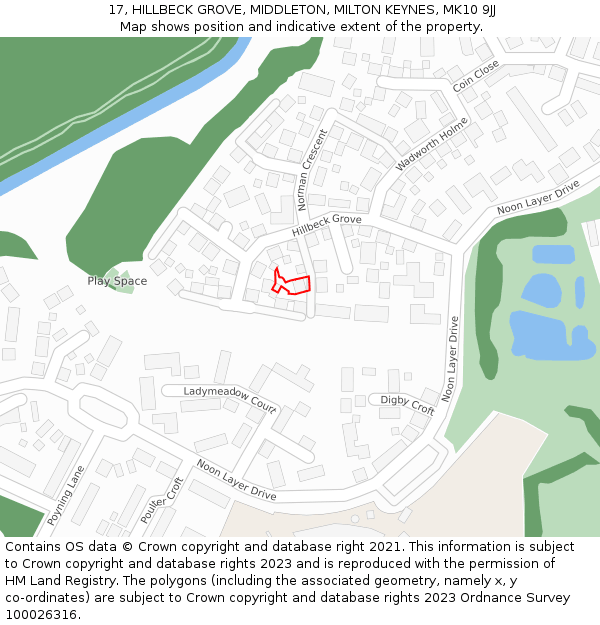 17, HILLBECK GROVE, MIDDLETON, MILTON KEYNES, MK10 9JJ: Location map and indicative extent of plot