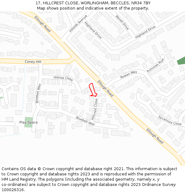 17, HILLCREST CLOSE, WORLINGHAM, BECCLES, NR34 7BY: Location map and indicative extent of plot