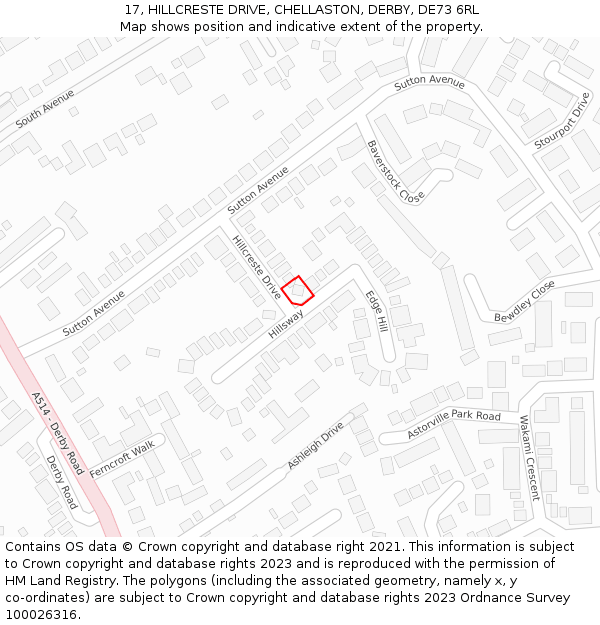 17, HILLCRESTE DRIVE, CHELLASTON, DERBY, DE73 6RL: Location map and indicative extent of plot