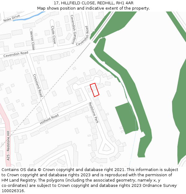 17, HILLFIELD CLOSE, REDHILL, RH1 4AR: Location map and indicative extent of plot
