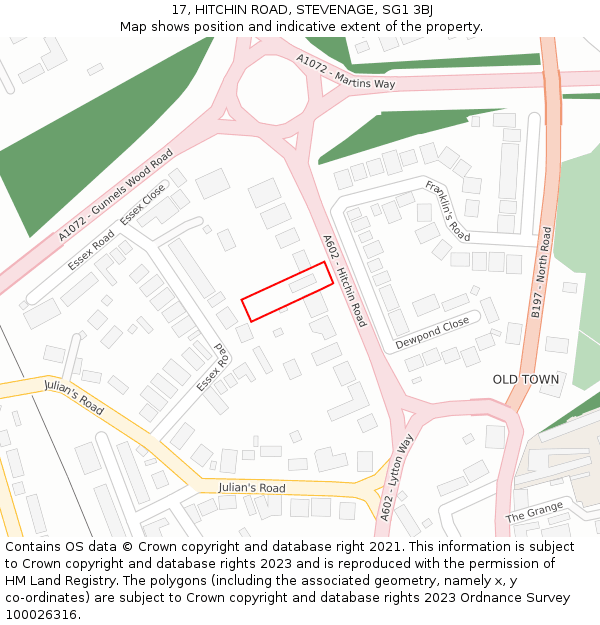 17, HITCHIN ROAD, STEVENAGE, SG1 3BJ: Location map and indicative extent of plot