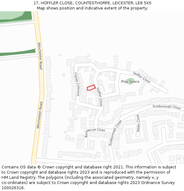 17, HOFFLER CLOSE, COUNTESTHORPE, LEICESTER, LE8 5XS: Location map and indicative extent of plot