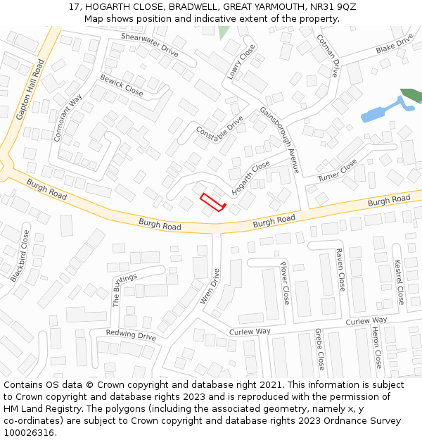 17, HOGARTH CLOSE, BRADWELL, GREAT YARMOUTH, NR31 9QZ: Location map and indicative extent of plot
