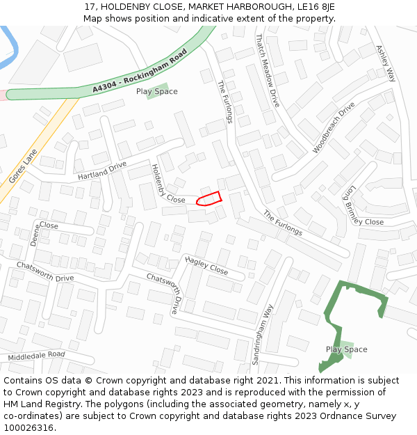 17, HOLDENBY CLOSE, MARKET HARBOROUGH, LE16 8JE: Location map and indicative extent of plot