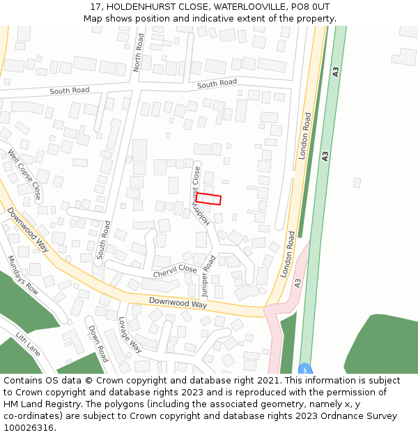 17, HOLDENHURST CLOSE, WATERLOOVILLE, PO8 0UT: Location map and indicative extent of plot