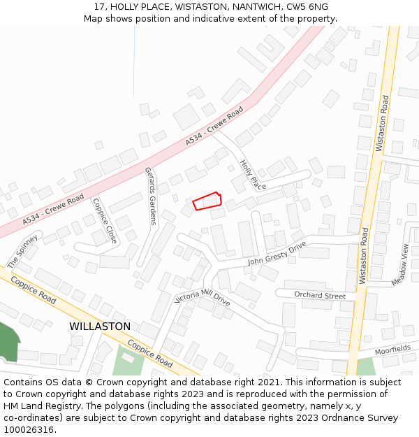 17, HOLLY PLACE, WISTASTON, NANTWICH, CW5 6NG: Location map and indicative extent of plot