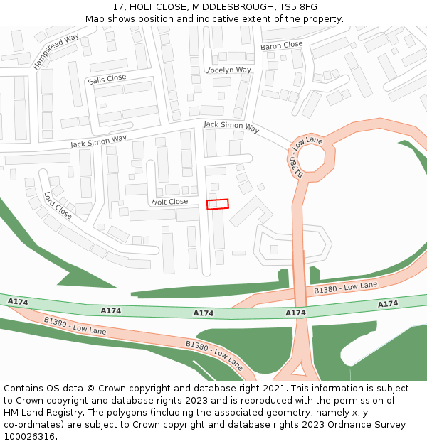 17, HOLT CLOSE, MIDDLESBROUGH, TS5 8FG: Location map and indicative extent of plot
