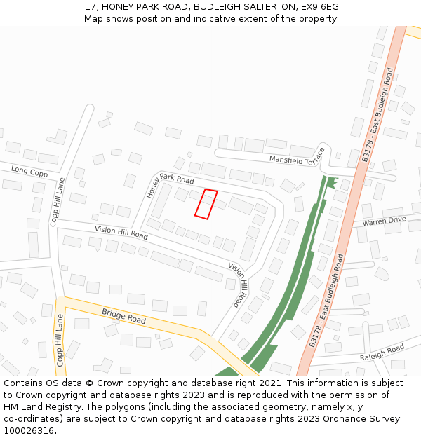 17, HONEY PARK ROAD, BUDLEIGH SALTERTON, EX9 6EG: Location map and indicative extent of plot