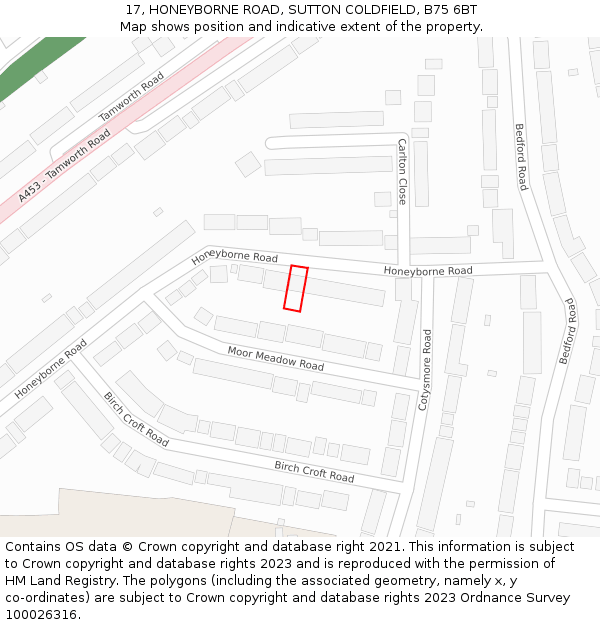 17, HONEYBORNE ROAD, SUTTON COLDFIELD, B75 6BT: Location map and indicative extent of plot