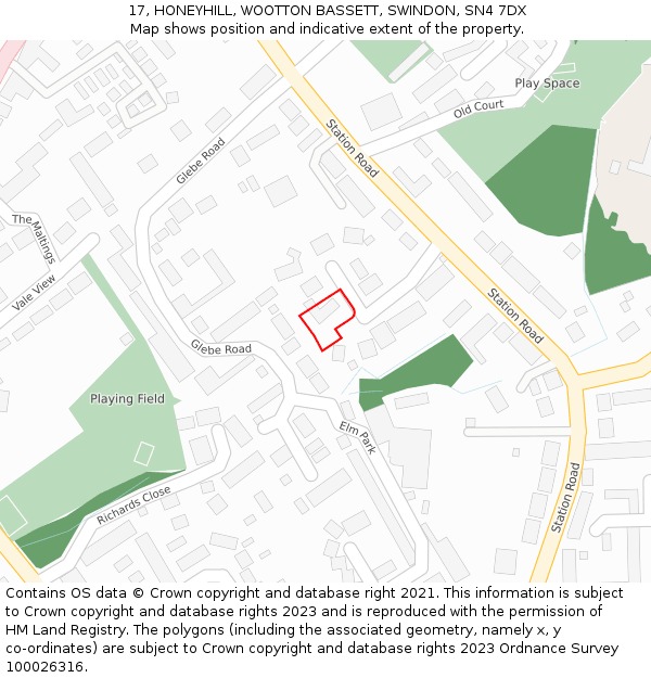 17, HONEYHILL, WOOTTON BASSETT, SWINDON, SN4 7DX: Location map and indicative extent of plot