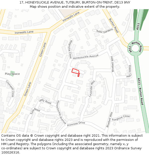 17, HONEYSUCKLE AVENUE, TUTBURY, BURTON-ON-TRENT, DE13 9NY: Location map and indicative extent of plot