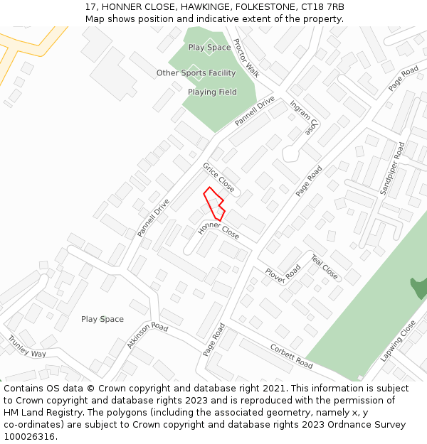 17, HONNER CLOSE, HAWKINGE, FOLKESTONE, CT18 7RB: Location map and indicative extent of plot